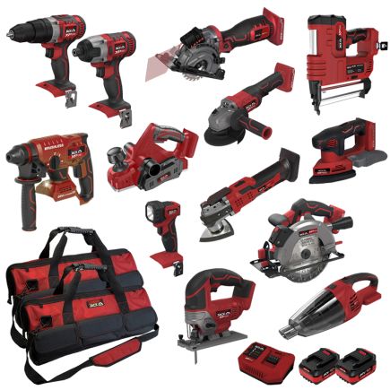 Lumberjack Cordless 20V 18 Piece Power Tool Kit, Drils, Jig Saw, Circular Saw, Nail Gun, Planer, 4ah Battery & More