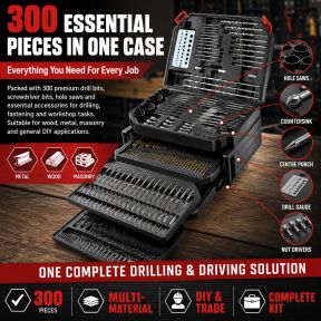 Lumberjack 300Pc HSS Drill Bit Set for Masonry Metal Wood Flat Pozi Bits in Case