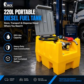 Autojack 220L Portable Diesel Fuel Tank with 12V Pump, Digital Flow Meter, 4m Hose & Dispensing Nozzle