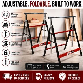 Lumberjack 2 x Lumberjack Folding Work Horse Trestle Saw Adjustable Height Stand 150kg Each