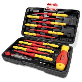 Lumberjack 13 Piece VDE Insulated Electrician Screwdriver Set, 1000V Rated Magnetic Tips Chrome Vanadium Steel, Includes Voltage Tester & Carry Case