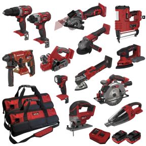 Lumberjack Cordless 20V 18 Piece Power Tool Kit, Drils, Jig Saw, Circular Saw, Nail Gun, Planer, 4ah Battery & More